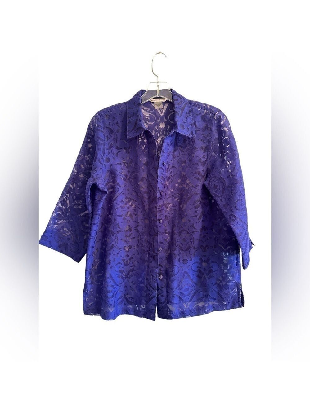 Allison Daley Deep Purple Sheer Button Down Blouse Womens 8 Lovely Summer Top
